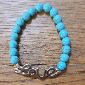 Handmade Howlite Beaded Stretch Bracelet with Silver 'Love' Charm